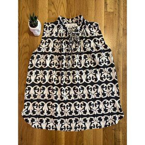 Ann Taylor LOFT womens XS sleeveless pattern blue blouse tie front